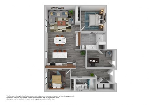 A 3D floor plan of a small apartment with a kitchen, living room, and bedroom.